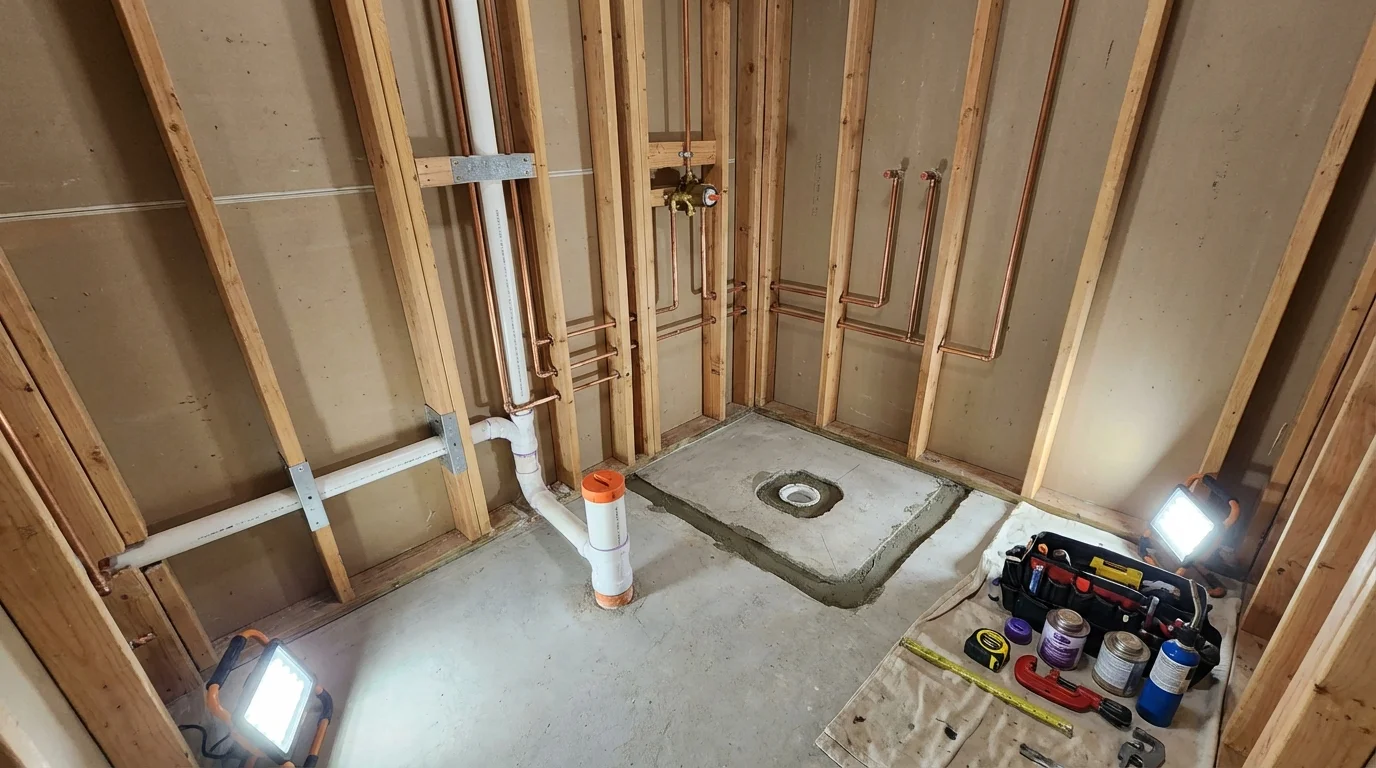 Bathroom rough-in plumbing during remodel by Johns Plumbing LLC in Cowpens