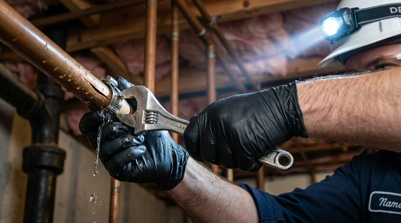Emergency pipe clamp repair being performed by a Johns Plumbing LLC plumber in Cowpens