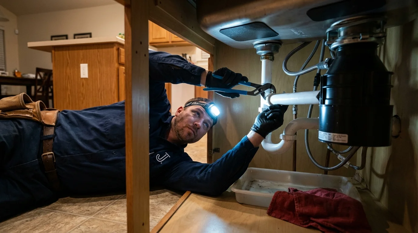 P-trap and supply line connections under a kitchen sink showing a common leak point in Cowpens, SC
